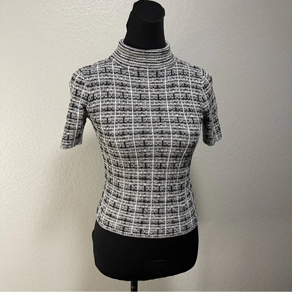 Black and White Grid Mock Neck Sweater Top